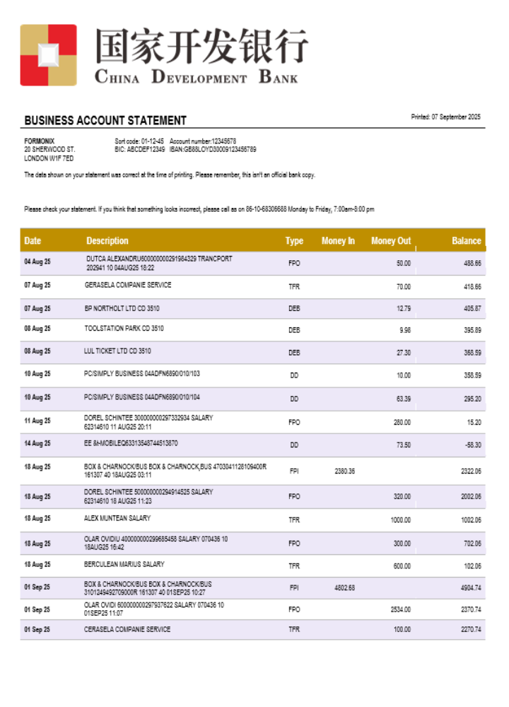 Relevé commercial du compte de la banque de développement chinoise Format Word et PDF